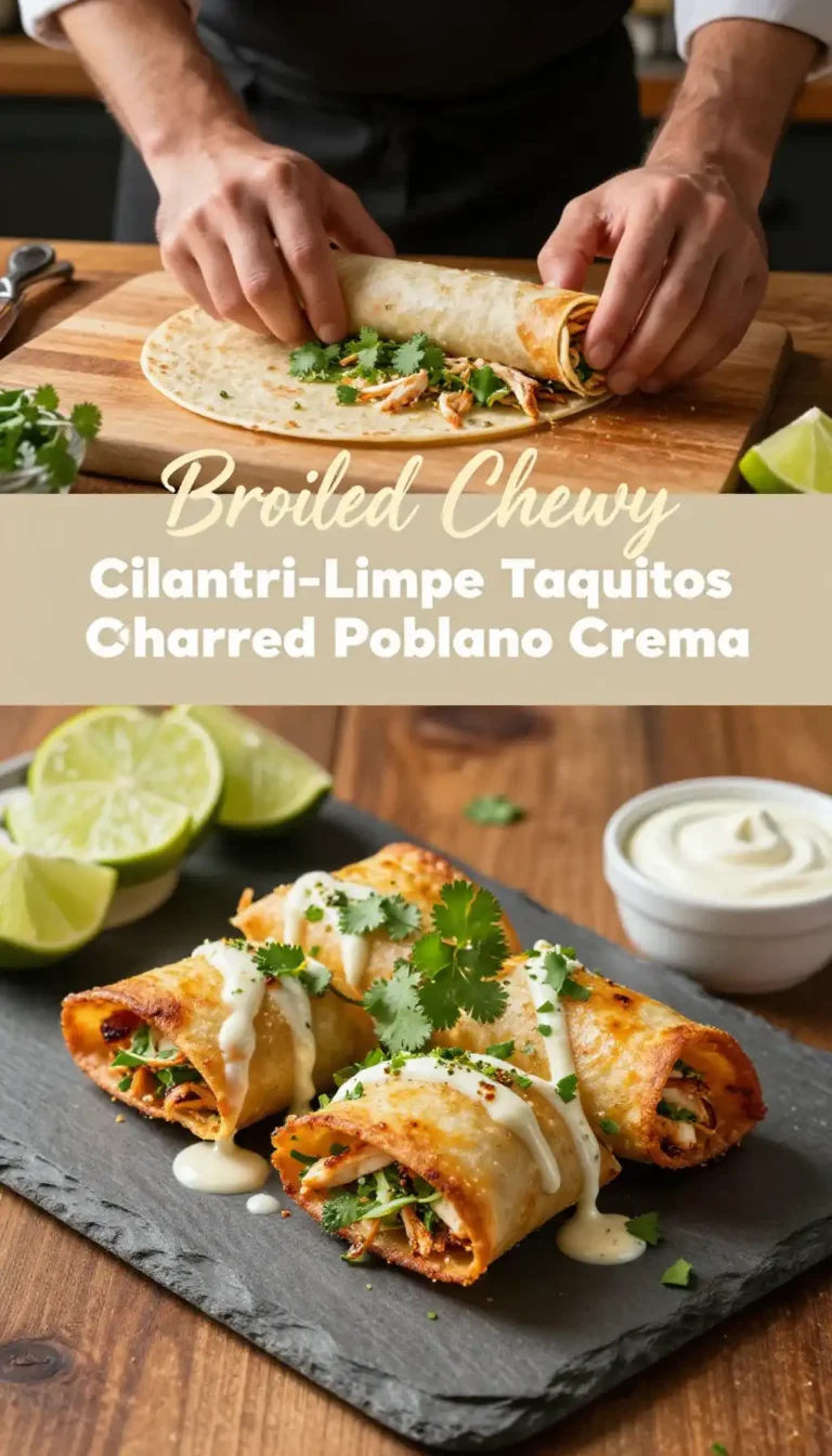Broiled Chewy Cilantro-Lime Chicken Taquitos with Charred Poblano Crema