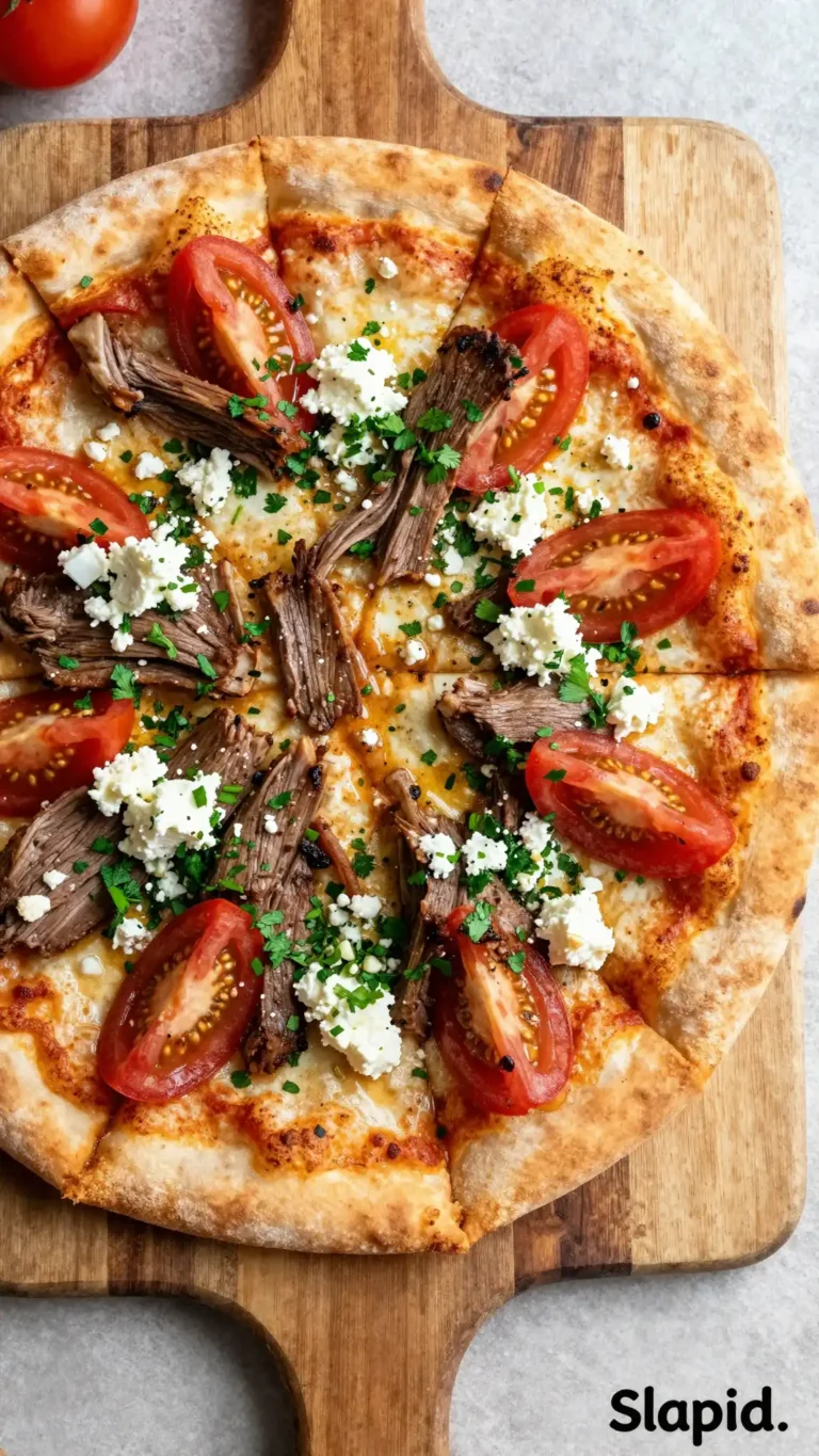 Broiled Flaky Greek Lamb Gyro Pizza with Zesty Feta Crumble