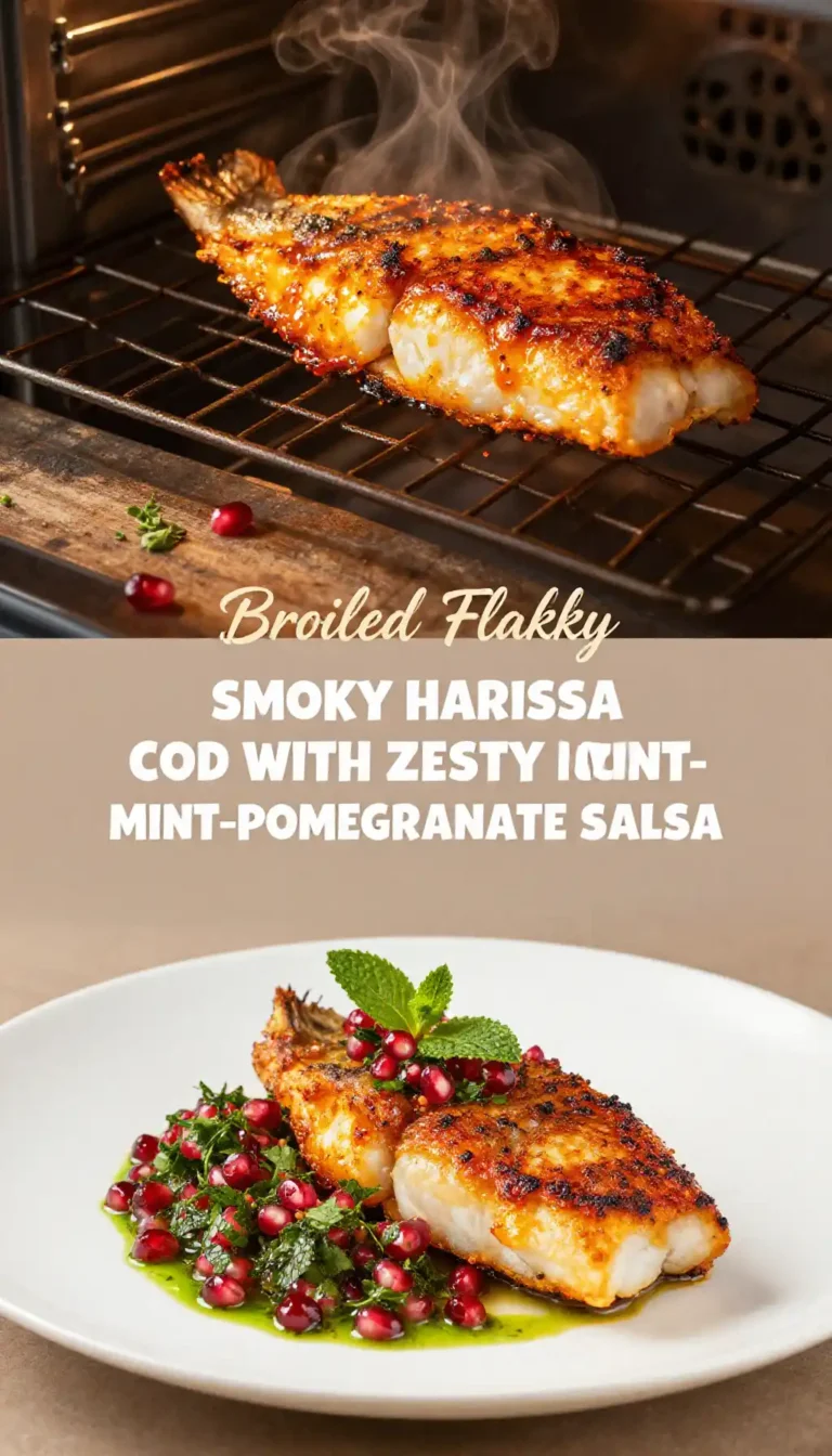 Broiled Flaky Smoky Harissa Cod with Zesty Mint-Pomegranate Salsa