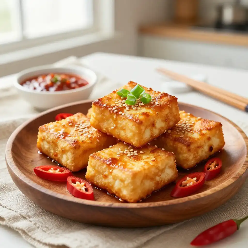 Broiled Fluffy Sweet Spicy Korean Tofu Puffs (No-Fail Egg-Free) plated dish