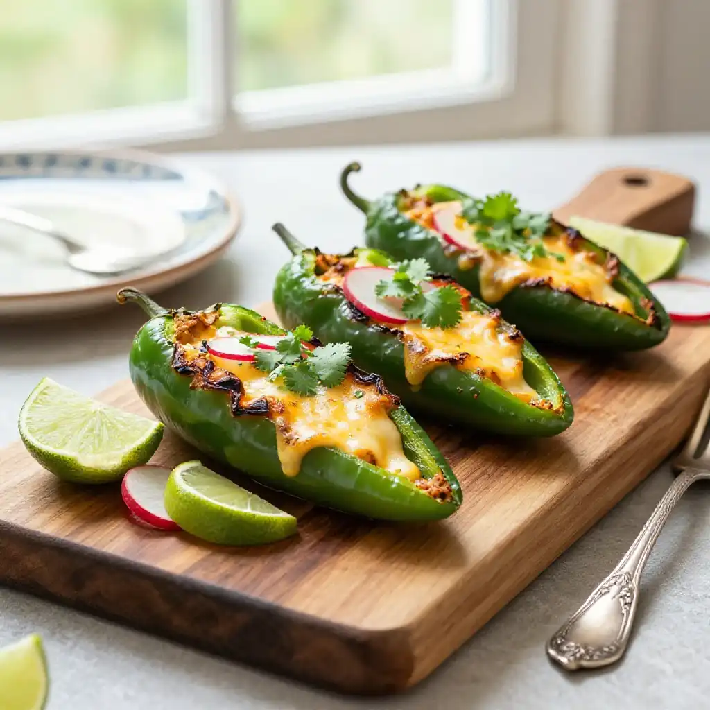 Broiled Melt-in-Mouth Chipotle-Lime Oaxaca Cheese Stuffed Poblano Peppers plated dish