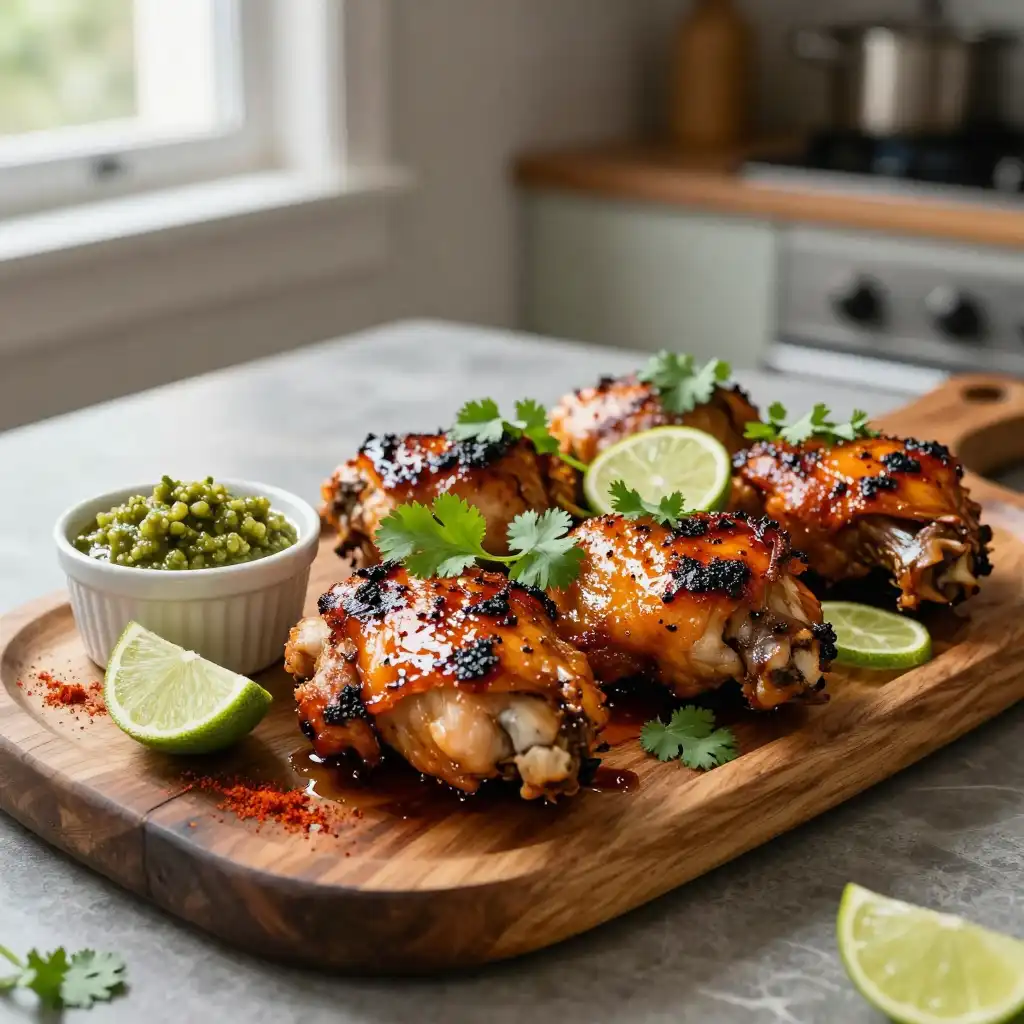Broiled Melt-in-Mouth Spanish Paprika Chicken Thighs with Zesty Mojo Verde plated dish