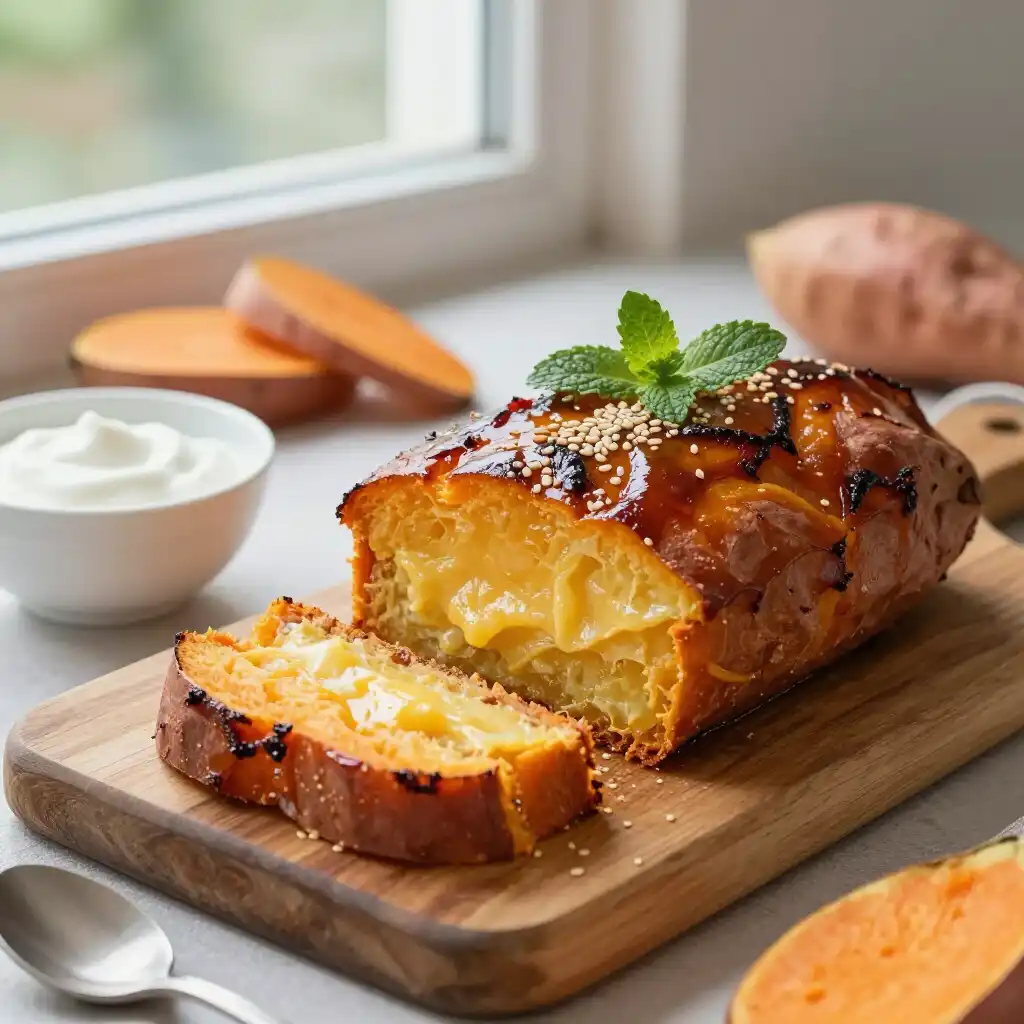 Broiled Silky Caramelized Korean Sweet Potato Loaf (Paleo One-Bowl) plated dish