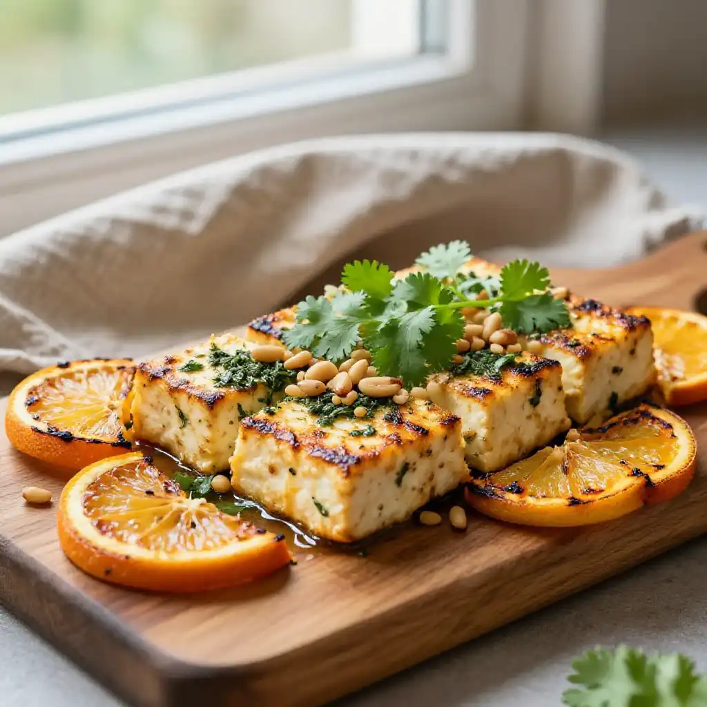 Broiled Silky Lebanese Herb-Marinated Tofu with Charred Citrus plated dish
