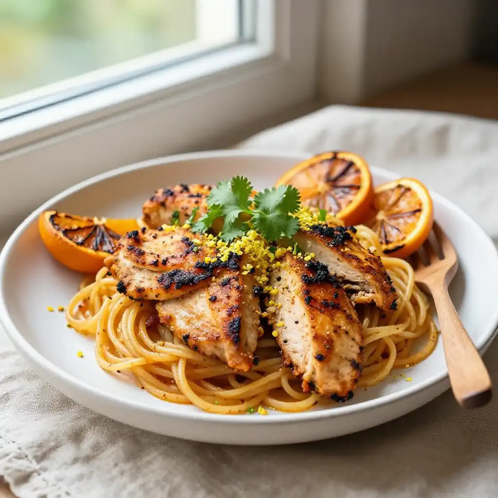Charred Citrus Harissa Pan-Fried Chicken Pasta with Moroccan Spices plated dish