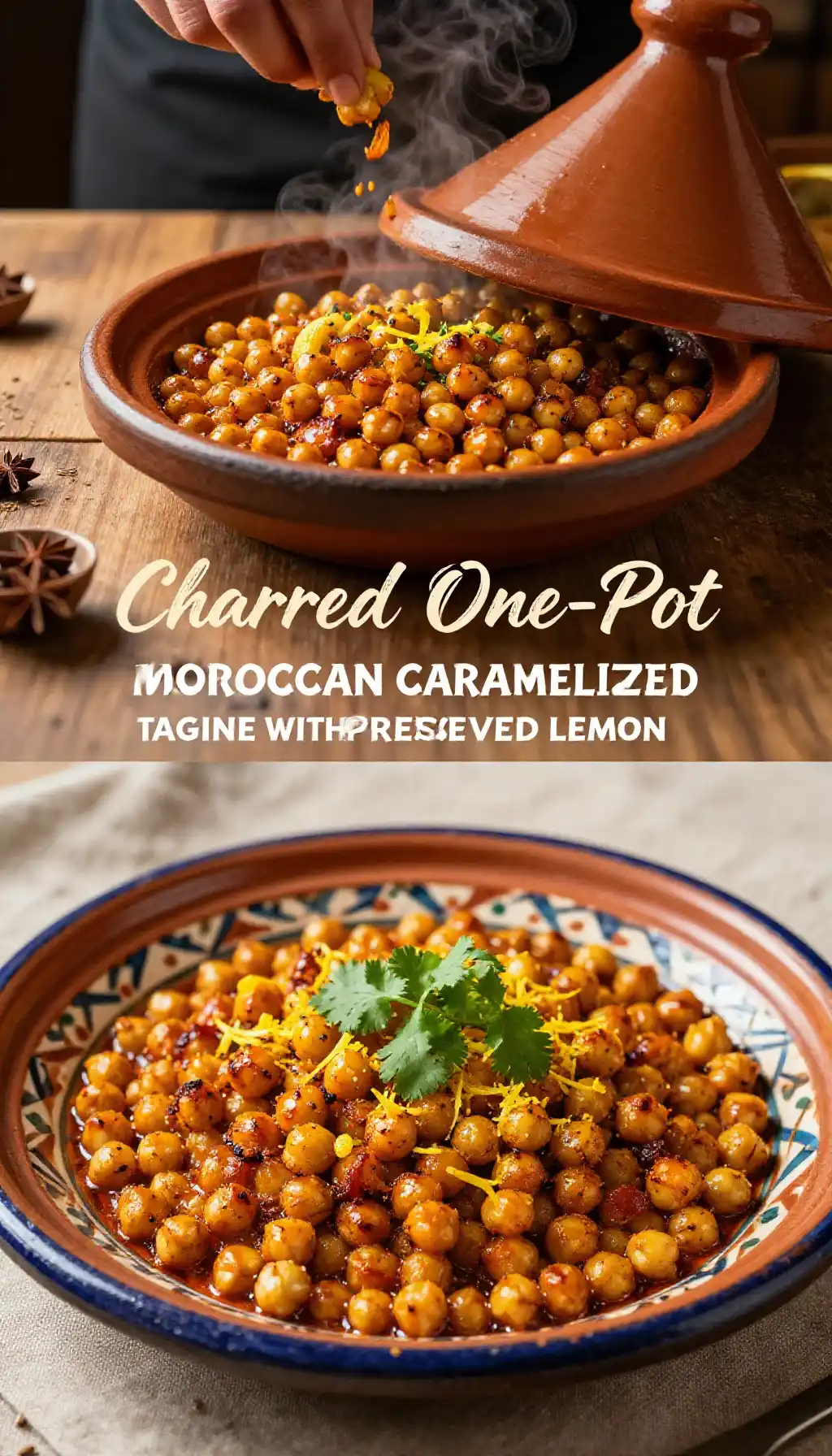 Charred One-Pot Moroccan Caramelized Chickpea Tagine with Preserved Lemon pinterest pin