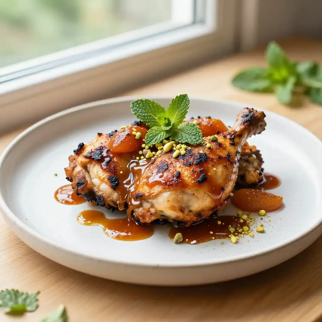 Charred Pan-Fried Turkish Spiced Chicken with Caramelized Apricot Glaze plated dish