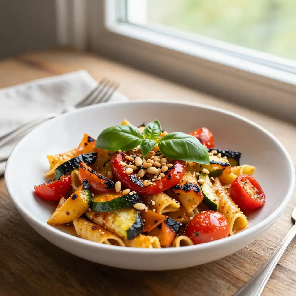 Charred Roasted Sweet and Spicy Vegetable Pasta with Harissa-Dijon Glaze plated dish