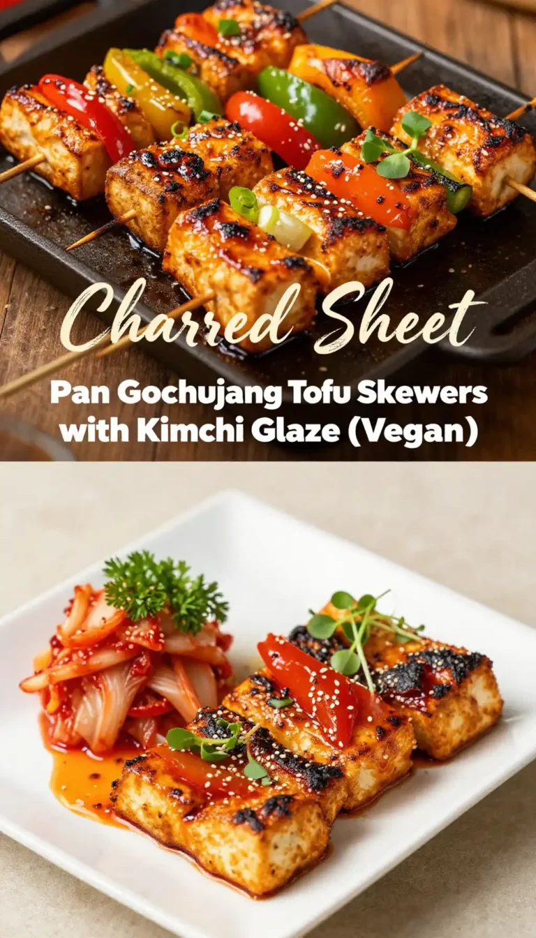 Charred Sheet Pan Gochujang Tofu Skewers with Kimchi Glaze (Vegan)