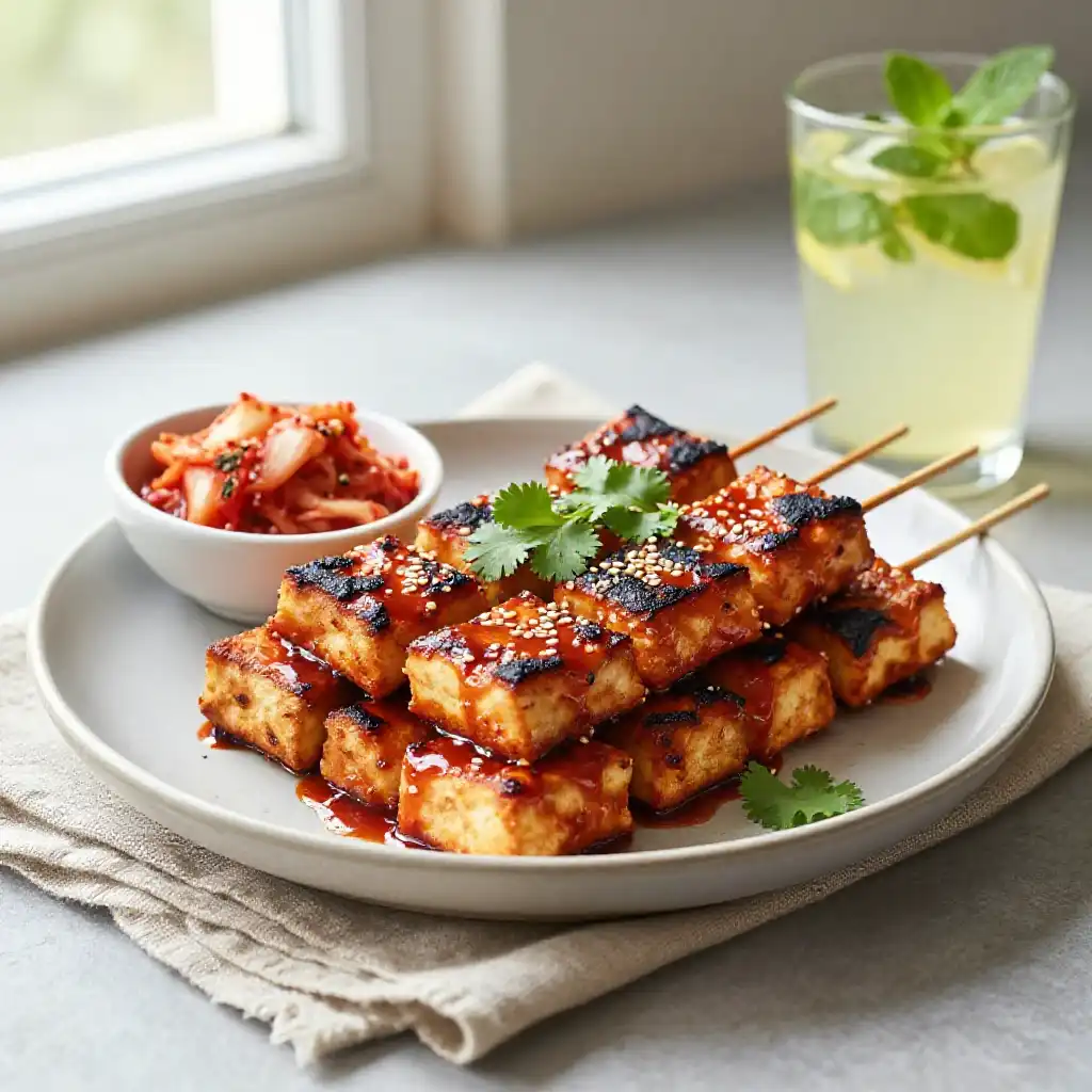 Charred Sheet Pan Gochujang Tofu Skewers with Kimchi Glaze plated dish