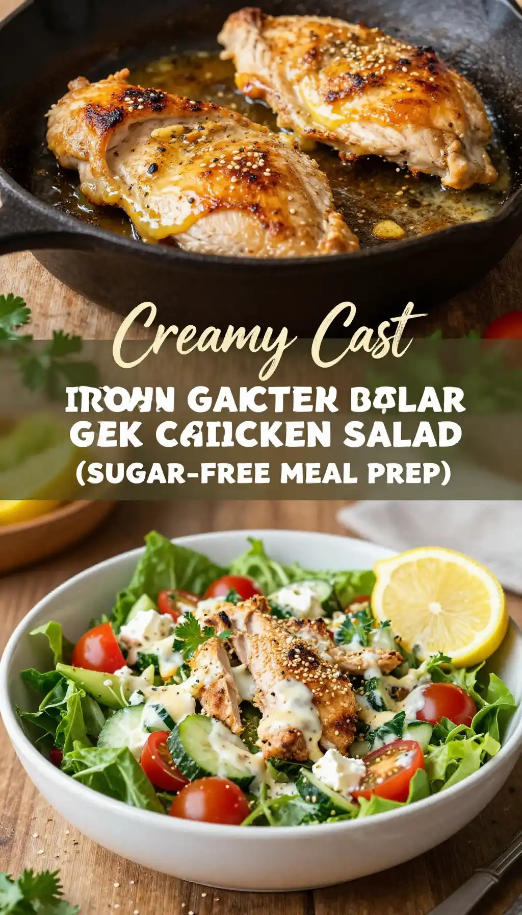 Creamy Cast Iron Garlic Butter Greek Chicken Salad (Sugar-Free Meal Prep) pinterest pin
