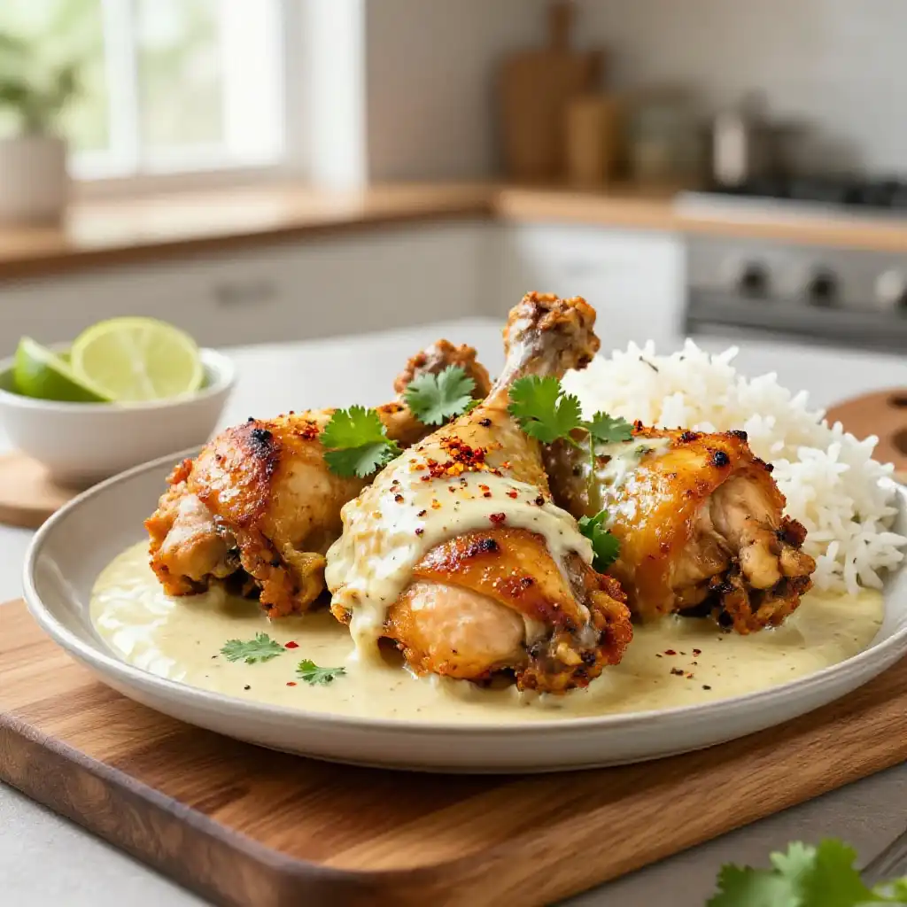 Creamy Roasted Indian Spiced Chicken Thighs with Aromatic Coconut Cream plated dish