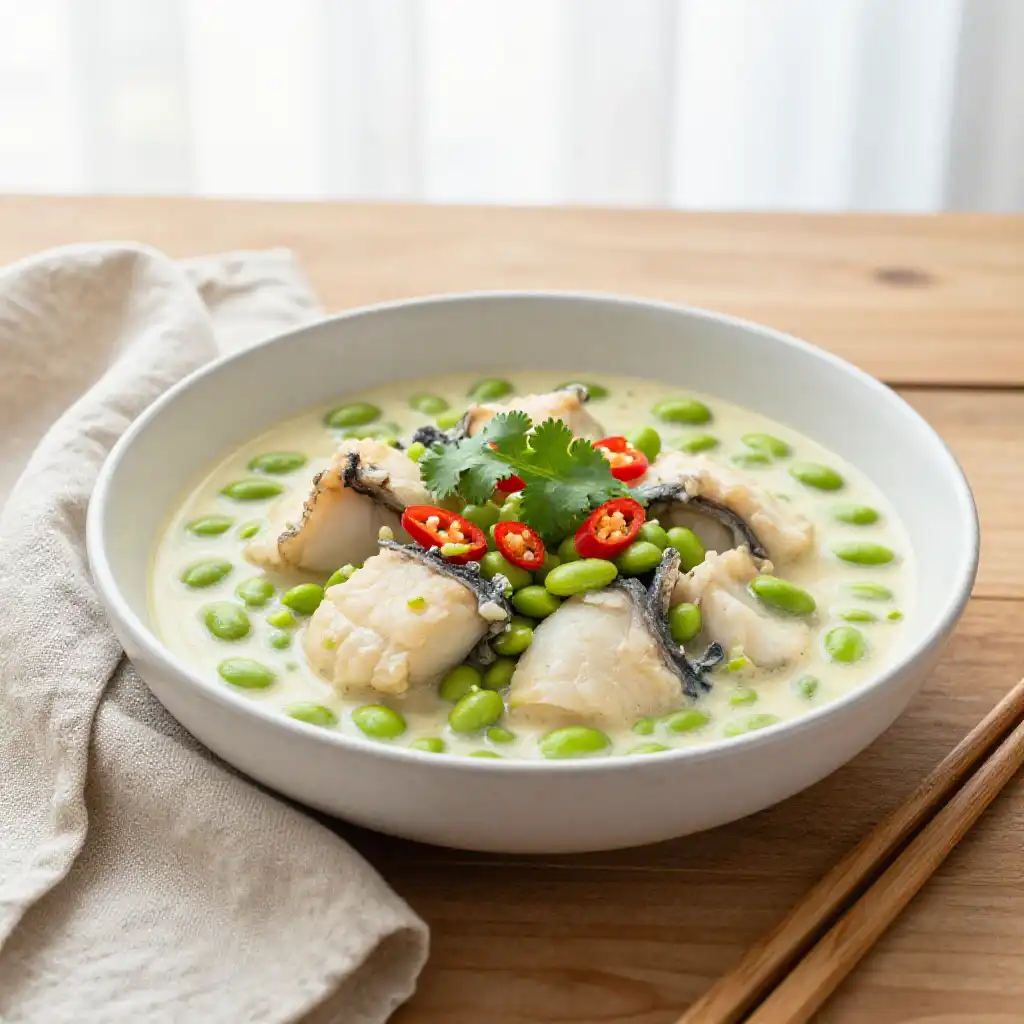 Creamy Slow Cooker Coconut Miso Cod Stew with Edamame plated dish