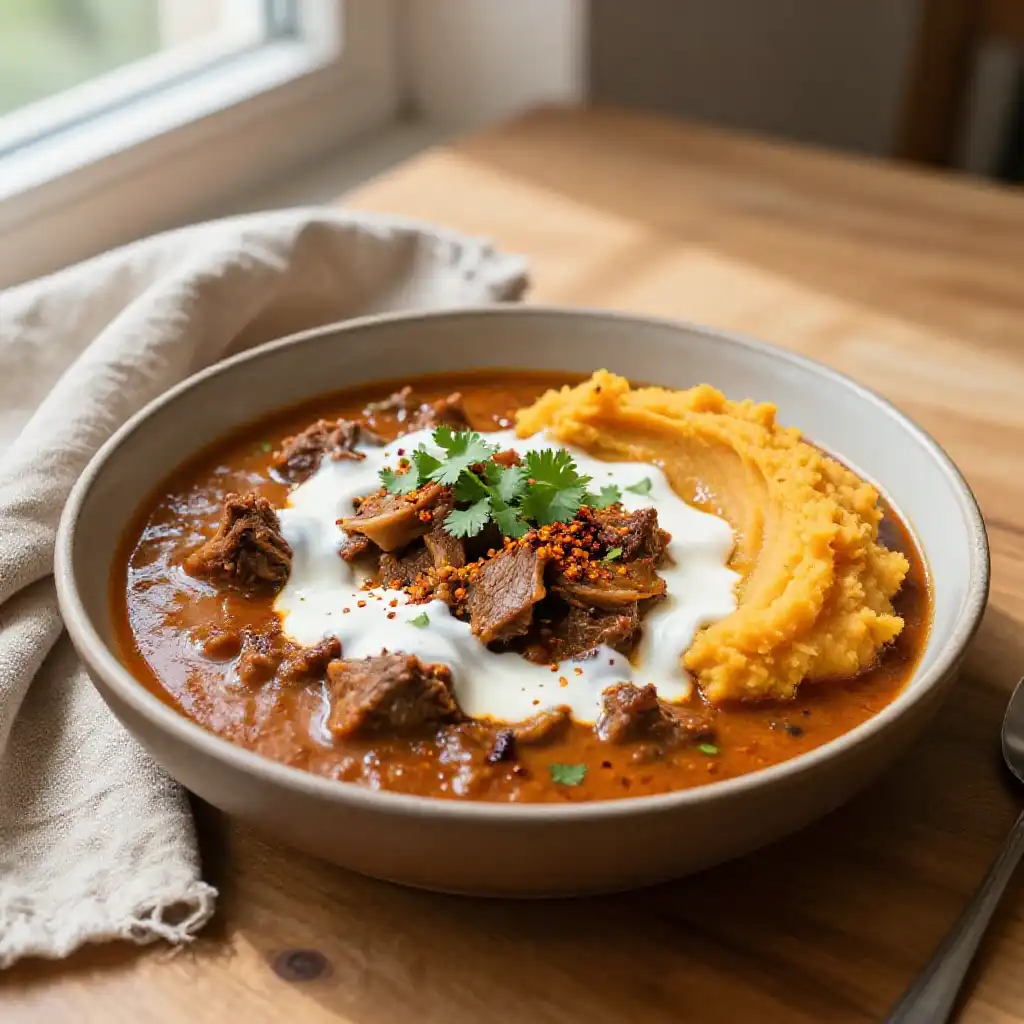 Creamy Stovetop Caribbean Spiced Lamb Stew with Sweet Potato Mash plated dish