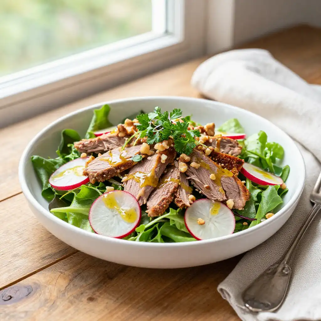Crispy Instant Pot Duck Confit Salad with Zesty Dijon Vinaigrette plated dish