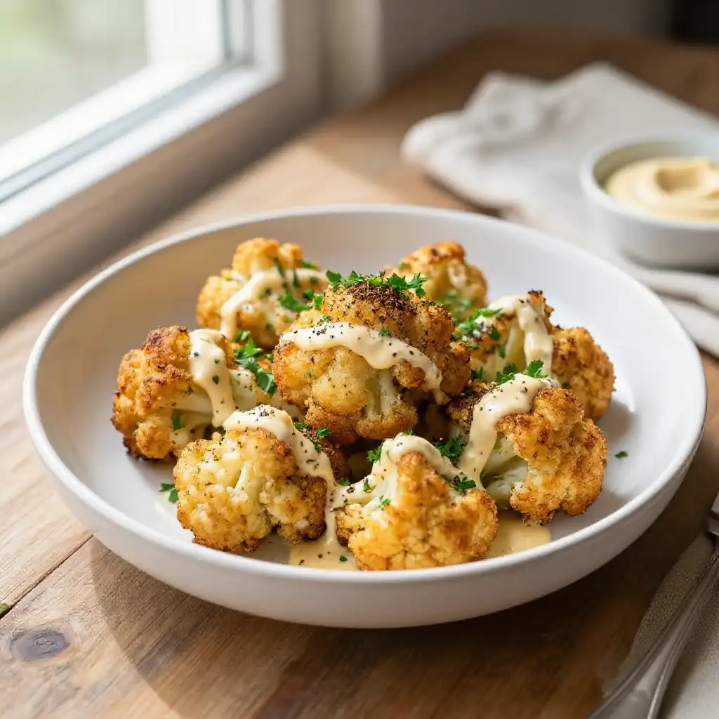 Crispy One-Pot Turkish Aromatic Cauliflower with Sumac-Lemon Tahini plated dish