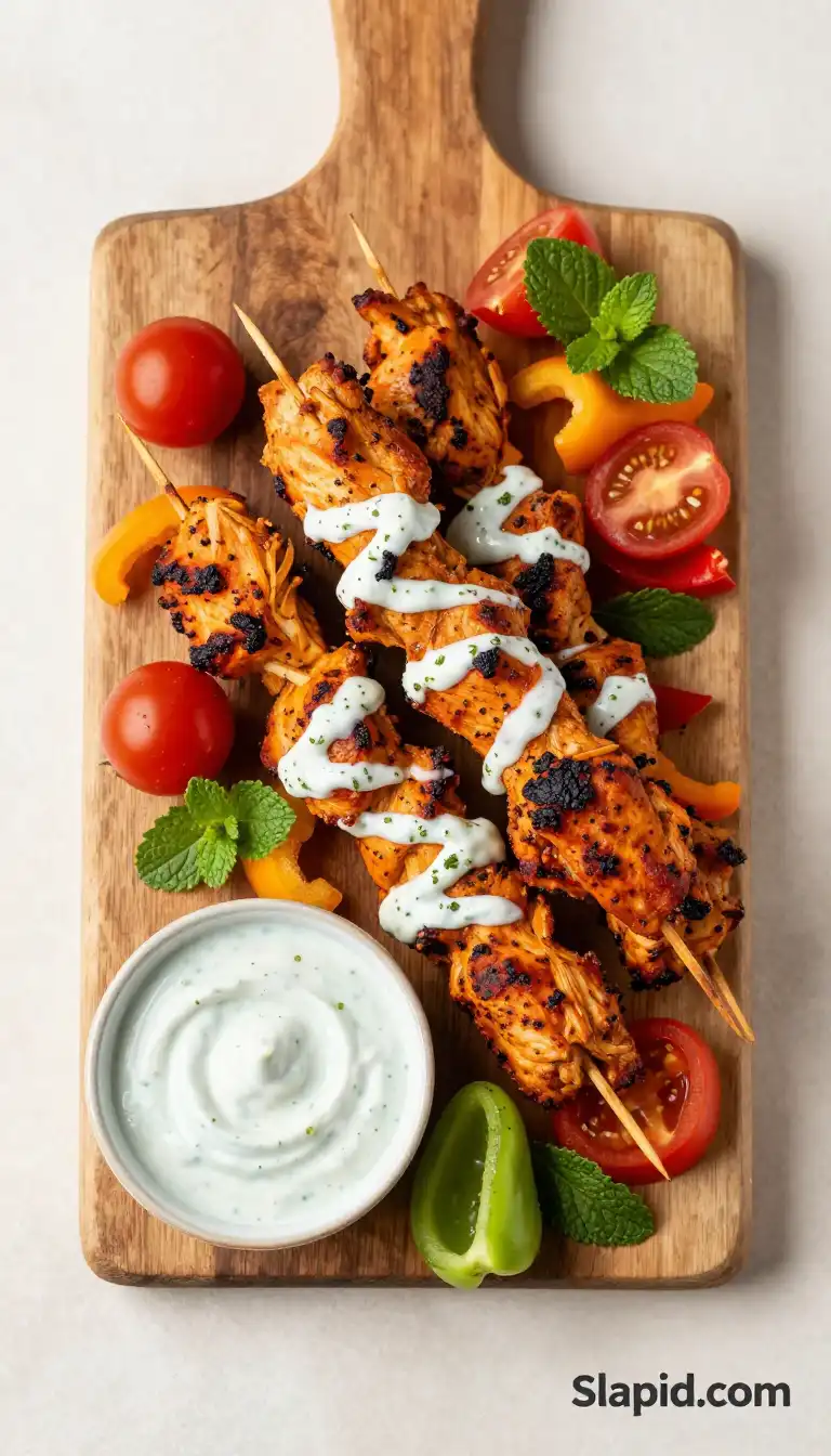 Crispy Pan-Fried Harissa Chicken Skewers with Peppery Mint Yogurt