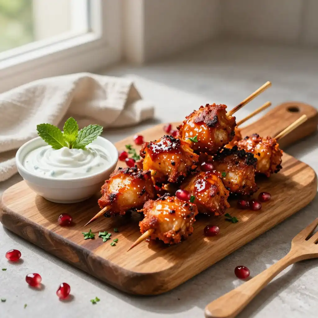 Crispy Pan-Fried Harissa Chicken Skewers with Peppery Mint Yogurt plated dish