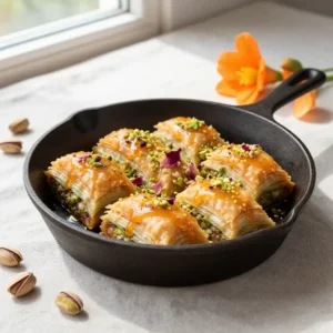 Step by step Crispy Peppery Cast Iron Vegan Baklava with Orange Blossom Drizzle