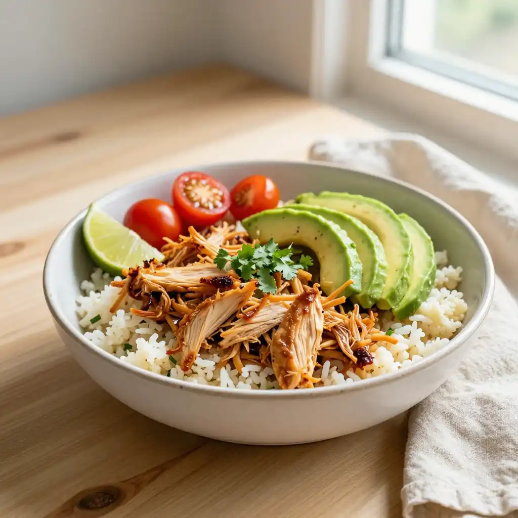 Crispy Pressure Cooker Mexican Shredded Chicken Bowl (Whole30 Family Favorite) plated dish