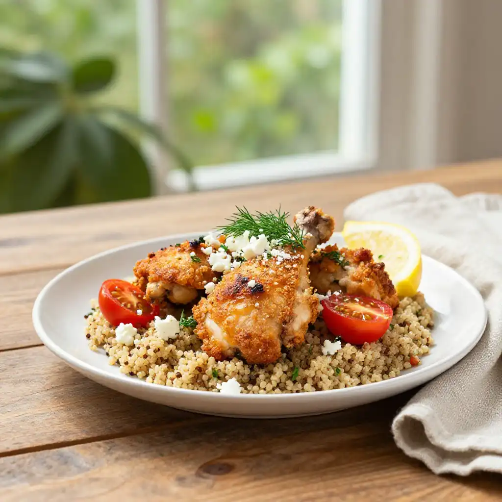 Crispy Stovetop Greek Chicken with Aromatic Fiber-Rich Quinoa Crunch plated dish
