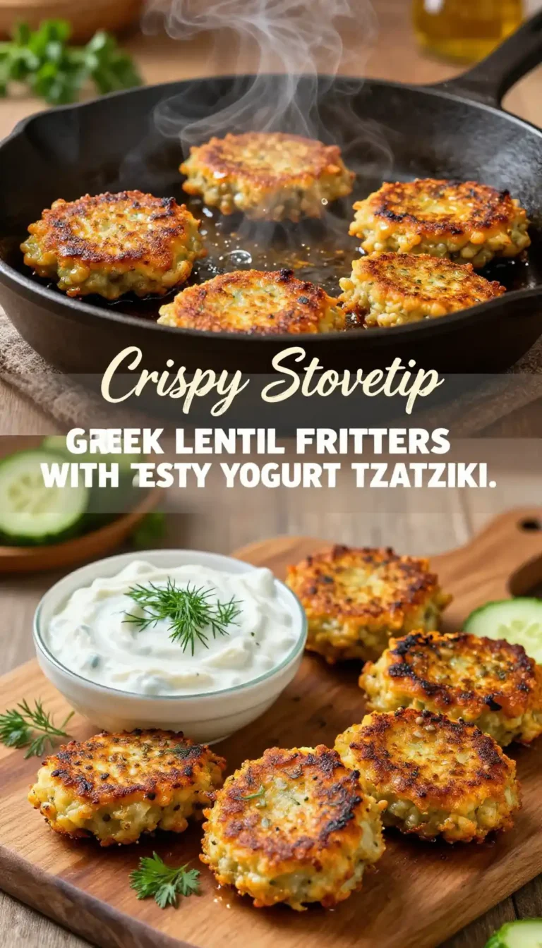 Crispy Stovetop Greek Lentil Fritters with Zesty Yogurt Tzatziki