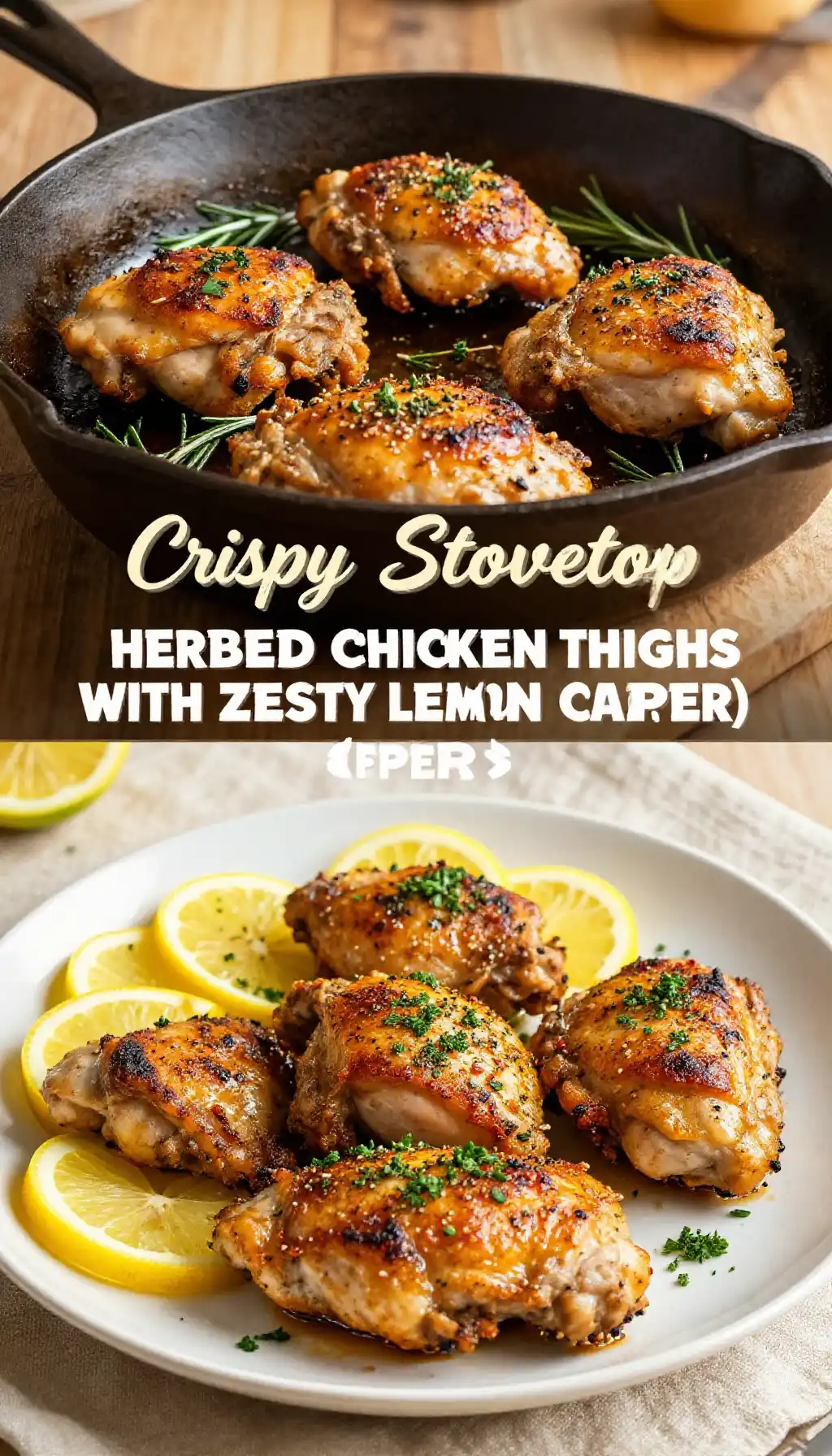 Crispy Stovetop Herbed Chicken Thighs with Zesty Lemon Capers pinterest pin
