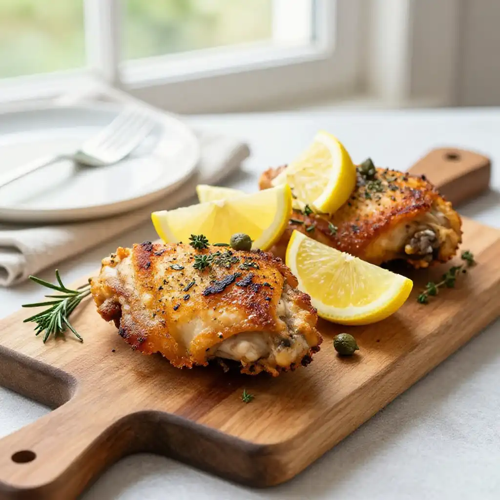 Crispy Stovetop Herbed Chicken Thighs with Zesty Lemon Capers plated dish