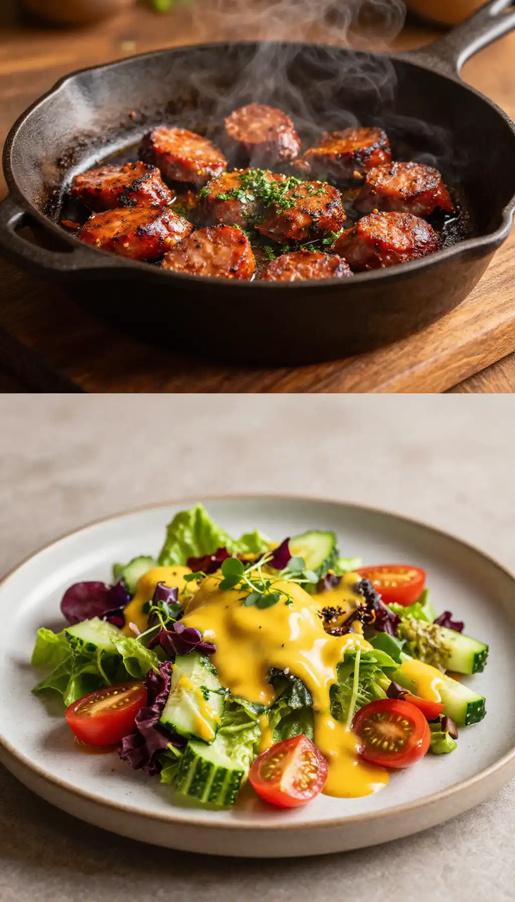 Crispy Stovetop Sweet & Spicy Chorizo Salad with Saffron Aioli pinterest pin