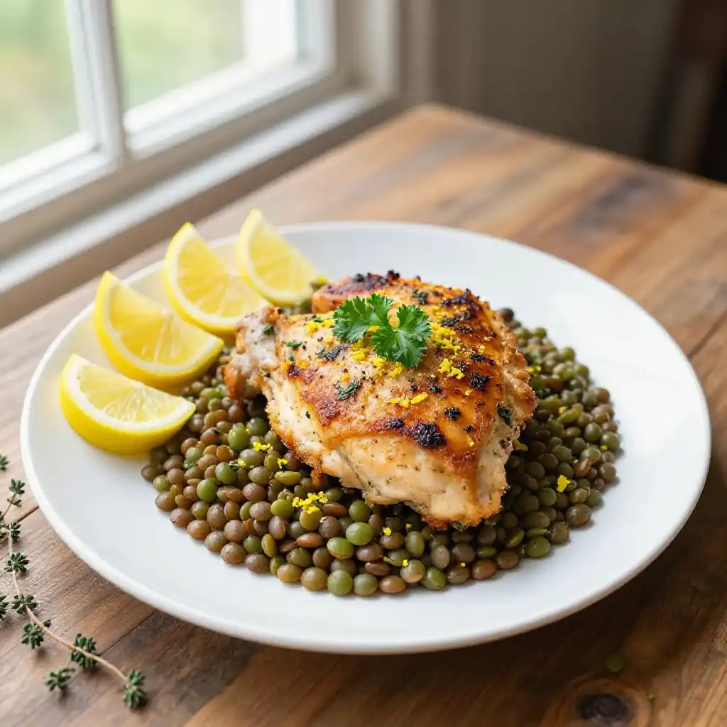 Crunchy One-Pot Lemon Herb Chicken with French Lentils plated dish
