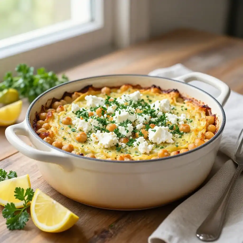 Fluffy Dutch Oven Greek Lemon-Herb Chickpea Bake with Feta plated dish