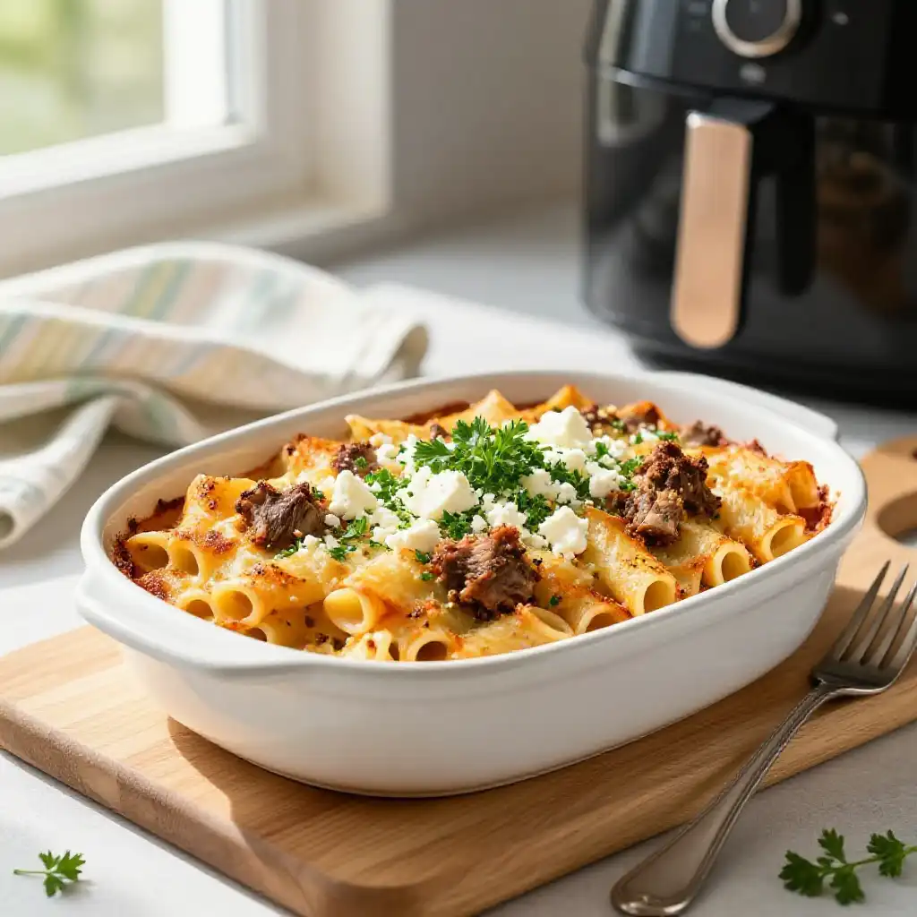 Golden Air Fryer Lebanese Pasta Bake with Spiced Lamb (Meal Prep) plated dish