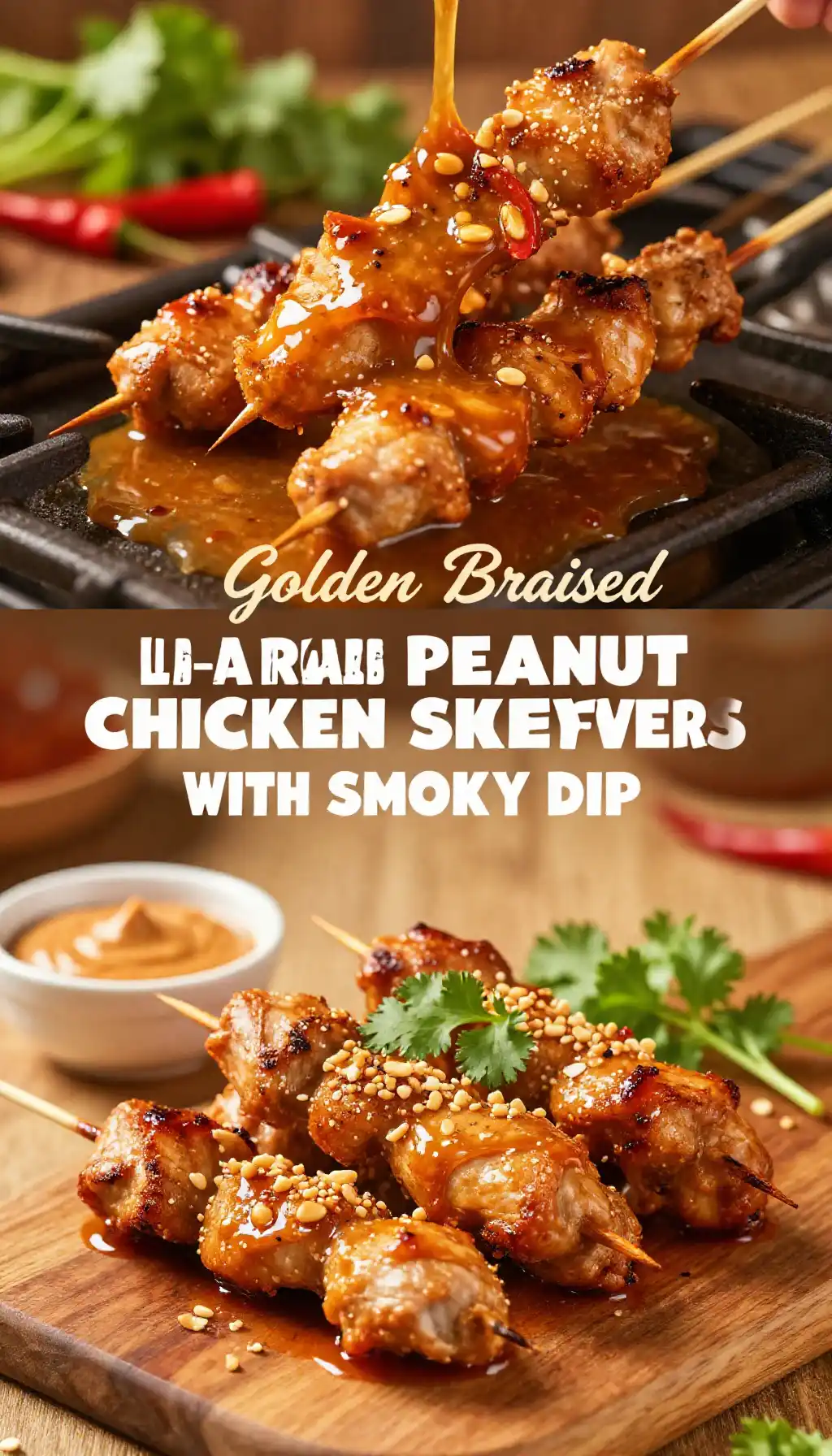 Golden Braised Low-Carb Thai Peanut Chicken Skewers with Smoky Dip