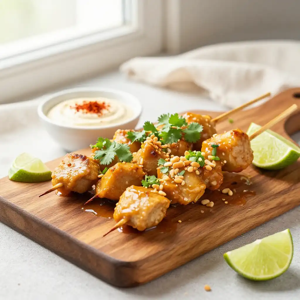 Golden Braised Low-Carb Thai Peanut Chicken Skewers with Smoky Dip plated dish