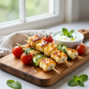 Step by step Golden Broiled Honey-Glazed Halloumi Skewers with Zesty Mint Yogurt