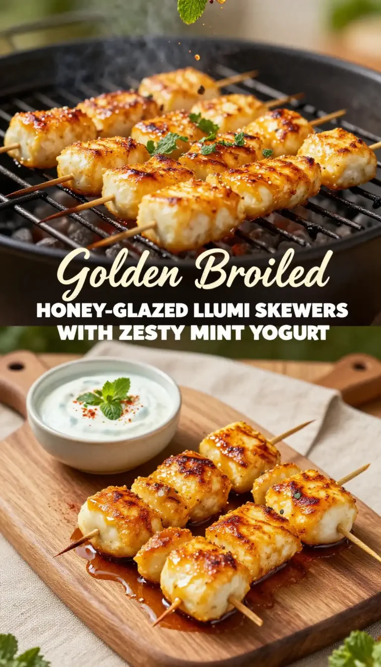 Golden Broiled Honey-Glazed Halloumi Skewers with Zesty Mint Yogurt