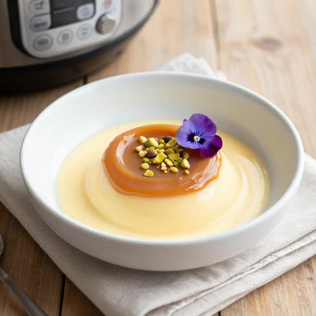 Golden Instant Pot Keto Lucuma Custard with Umami Dulce de Leche plated dish