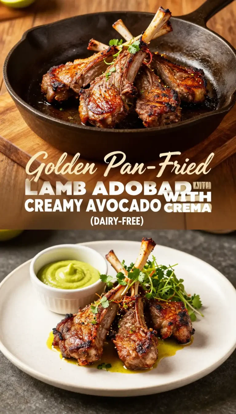 Golden Pan-Fried Lamb Adobada with Creamy Avocado Crema (Dairy-Free)