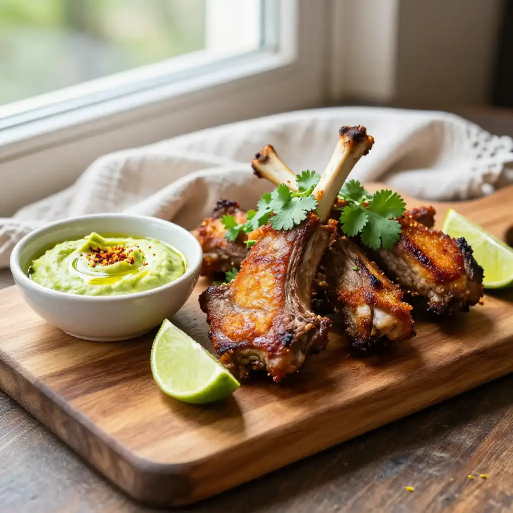 Golden Pan-Fried Lamb Adobada with Creamy Avocado Crema (Dairy-Free) plated dish