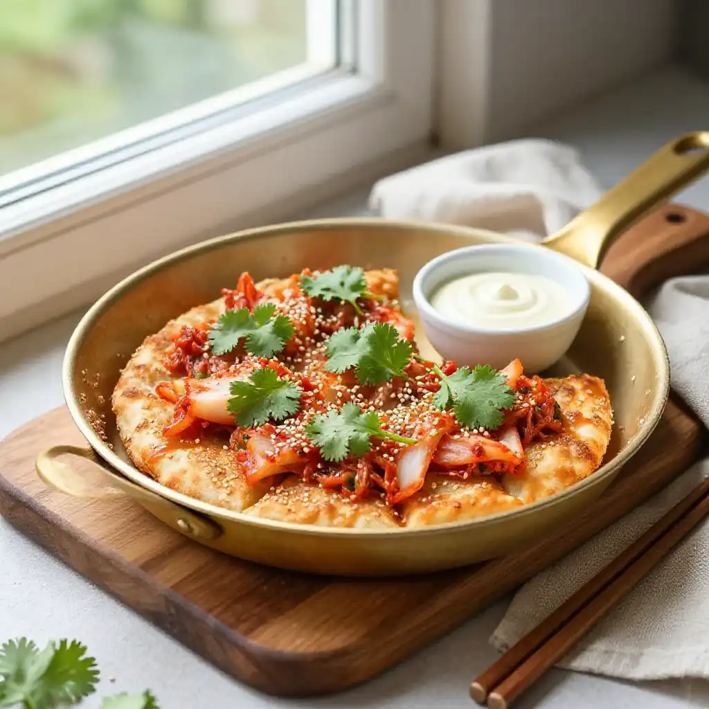 Golden Skillet Low-Carb Kimchi Flatbread with Sesame Crust (10-Minute) plated dish