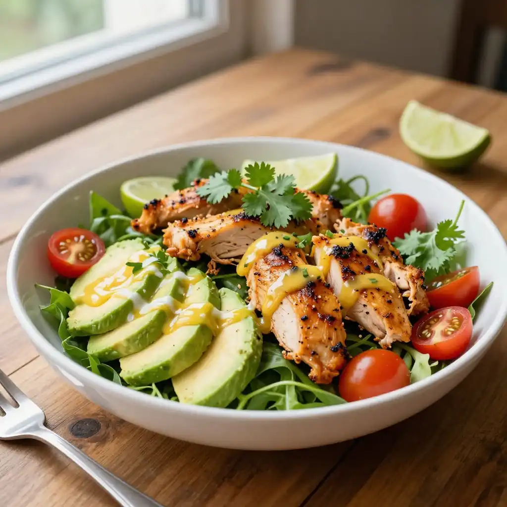 Golden Smoked Brazilian Chicken Salad with Zesty Lime Dressing plated dish