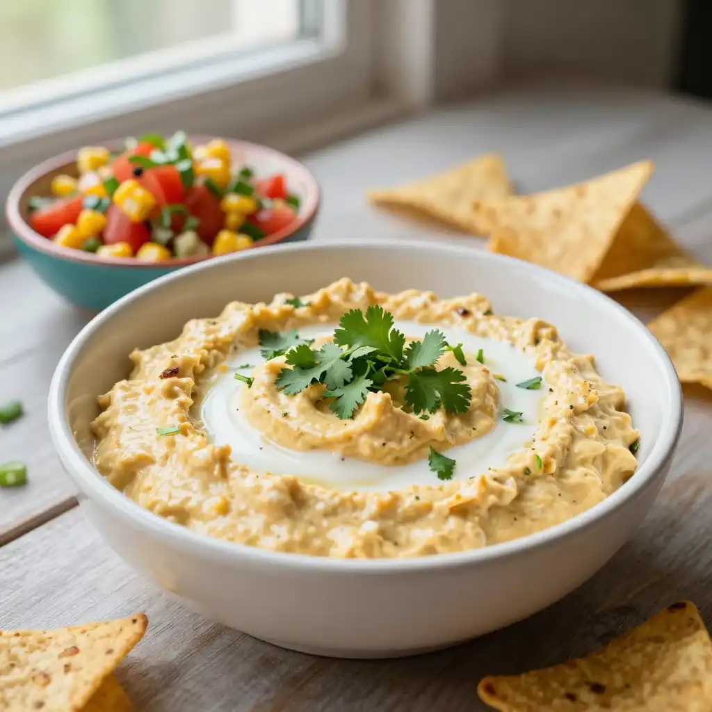 Golden Smoked Chipotle Jackfruit Dip with Charred Corn Salsa plated dish