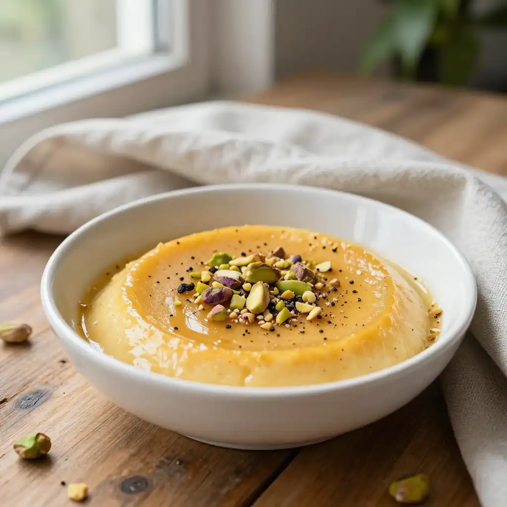 Golden Smoked Turkish Keto Pistachio Pudding with Black Pepper Crunch plated dish