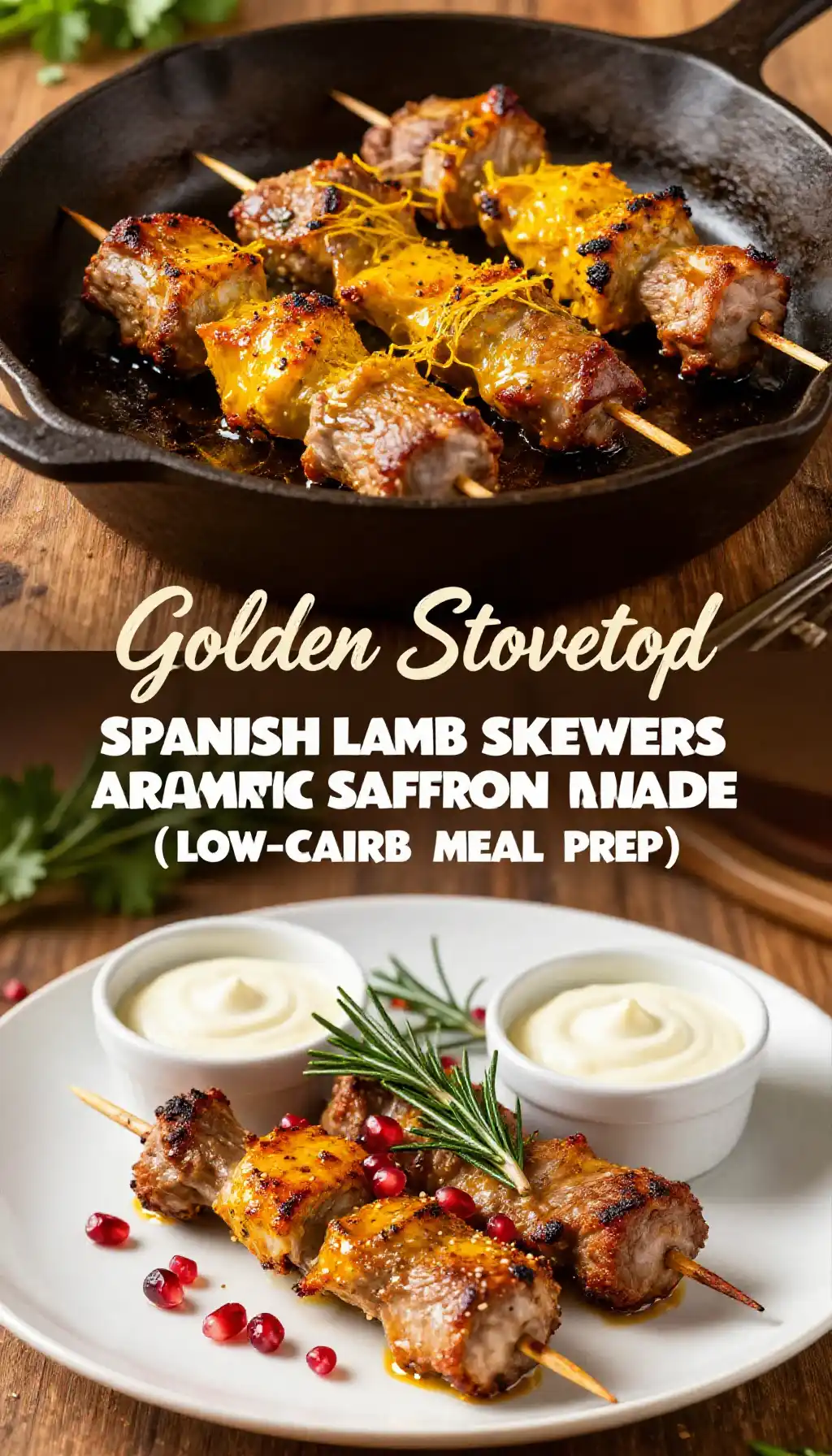 Golden Stovetop Spanish Lamb Skewers with Aromatic Saffron Marinade (Low-Carb Meal Prep) pinterest pin