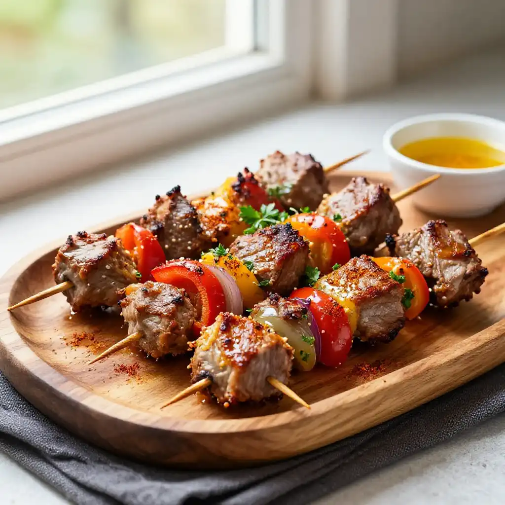 Golden Stovetop Spanish Lamb Skewers with Aromatic Saffron Marinade (Low-Carb Meal Prep) plated dish
