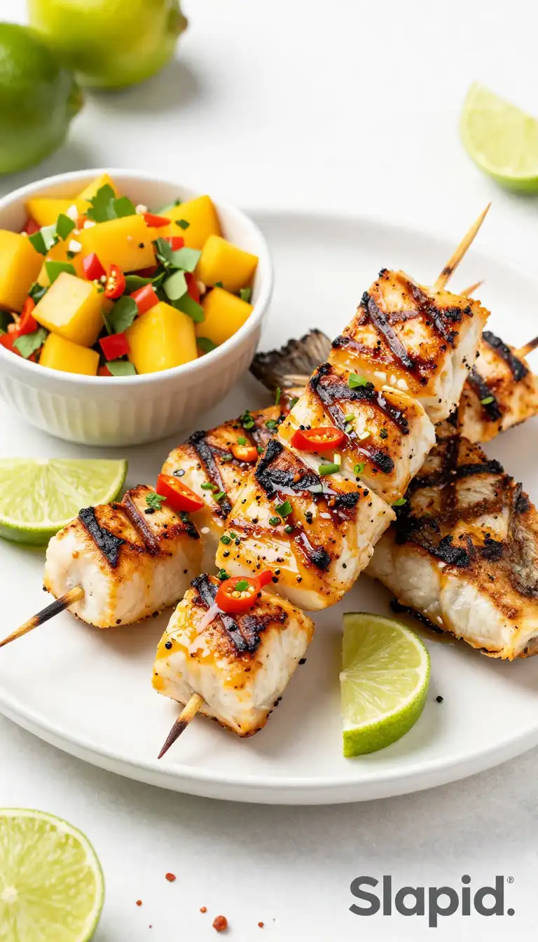 Grilled Buttery Brazilian Chili-Lime Tilapia Skewers with Aromatic Mango Salsa