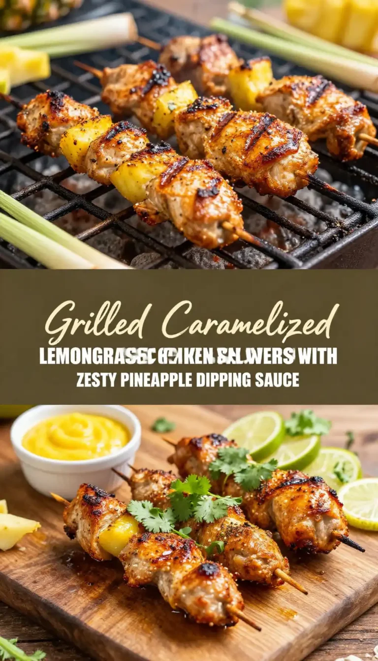 Grilled Caramelized Lemongrass Chicken Skewers with Zesty Pineapple Dipping Sauce