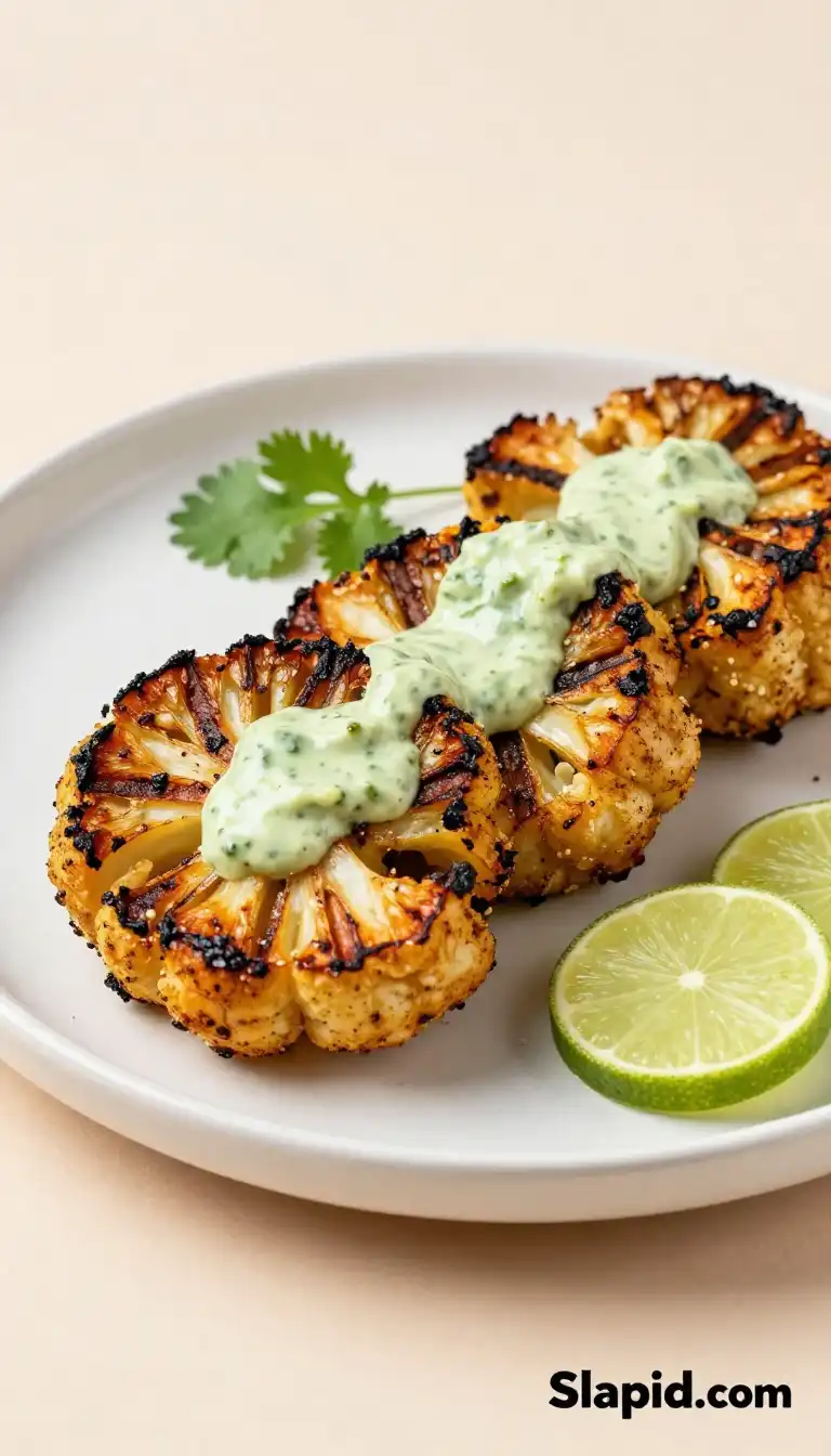 Grilled Charred Tandoori Cauliflower Steaks with Creamy Green Chutney
