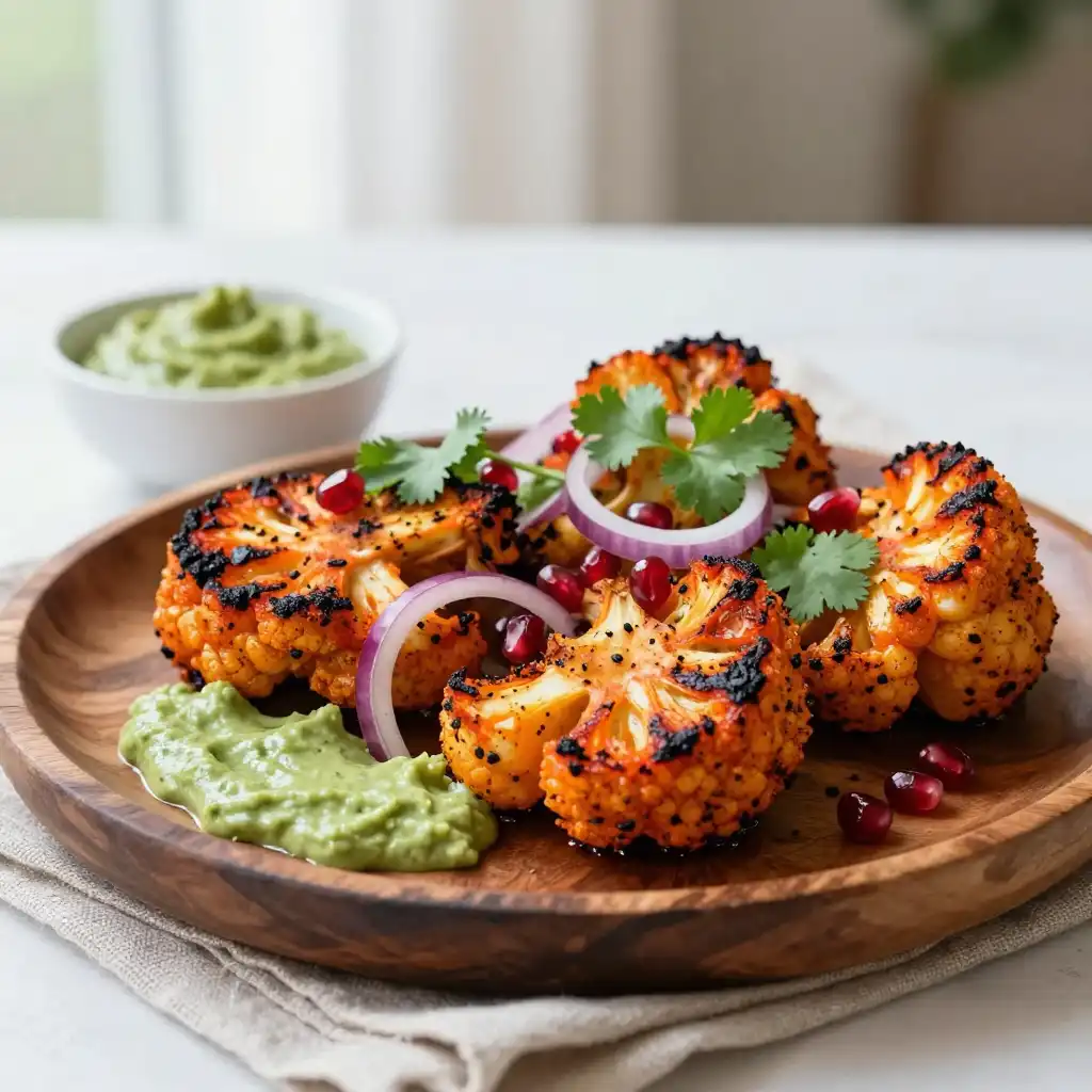 Grilled Charred Tandoori Cauliflower Steaks with Creamy Green Chutney plated dish