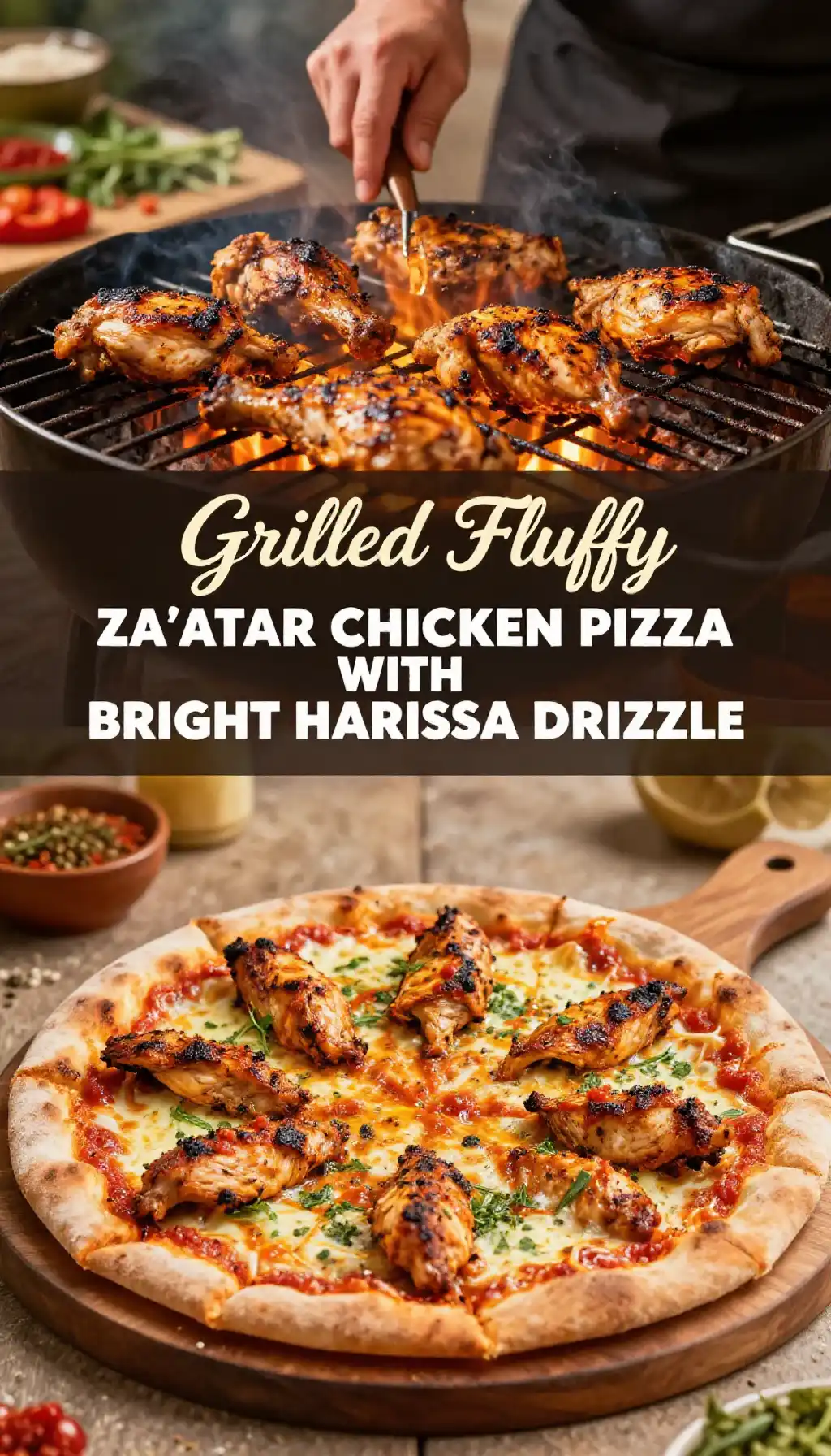 Grilled Fluffy Za'atar Chicken Pizza with Bright Harissa Drizzle